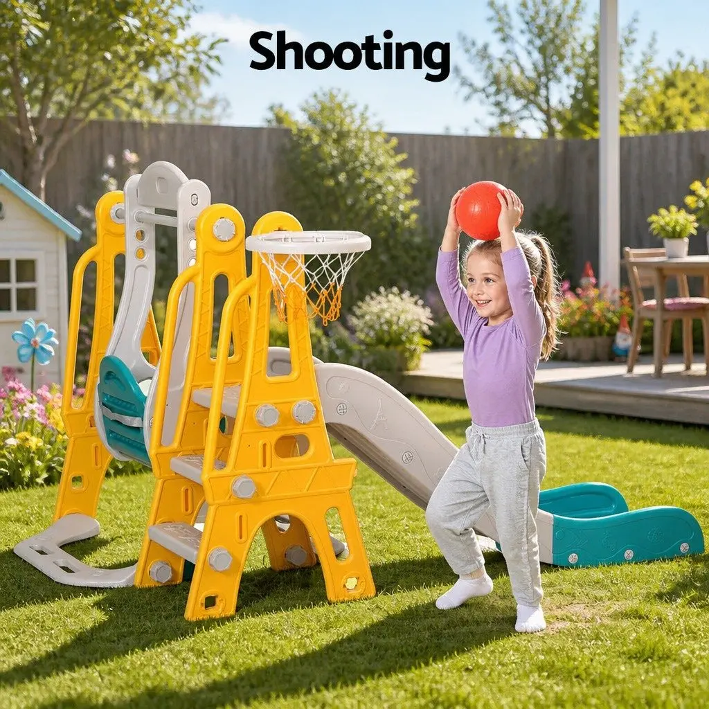 Kids Slide Swing Set 140cm Adjustable 3-in-1 Outdoor Play Equipment with Basketball Hoop