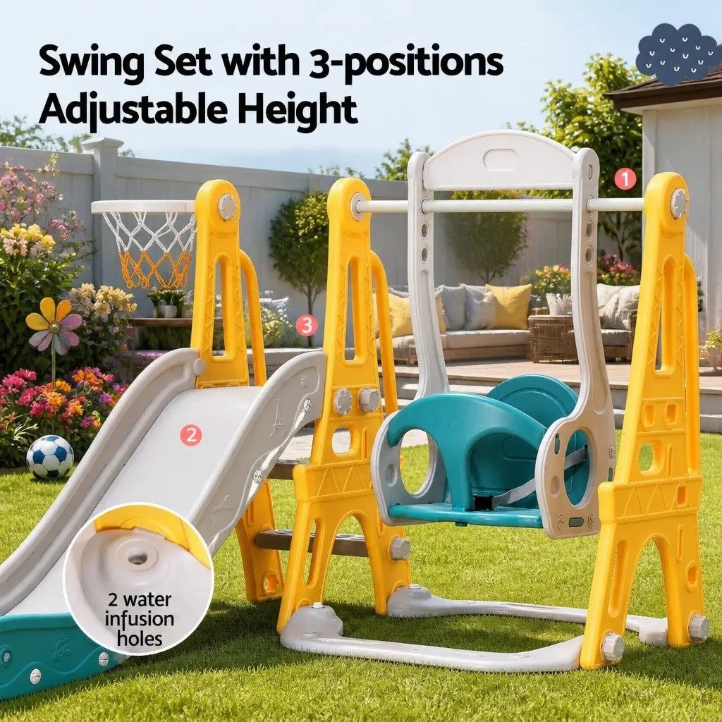 Kids Slide Swing Set 140cm Adjustable 3-in-1 Outdoor Play Equipment with Basketball Hoop