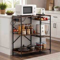 3-Tier Kitchen Storage Rack with 2 Power Outlets Microwave Shelf 6 Hooks 90CM