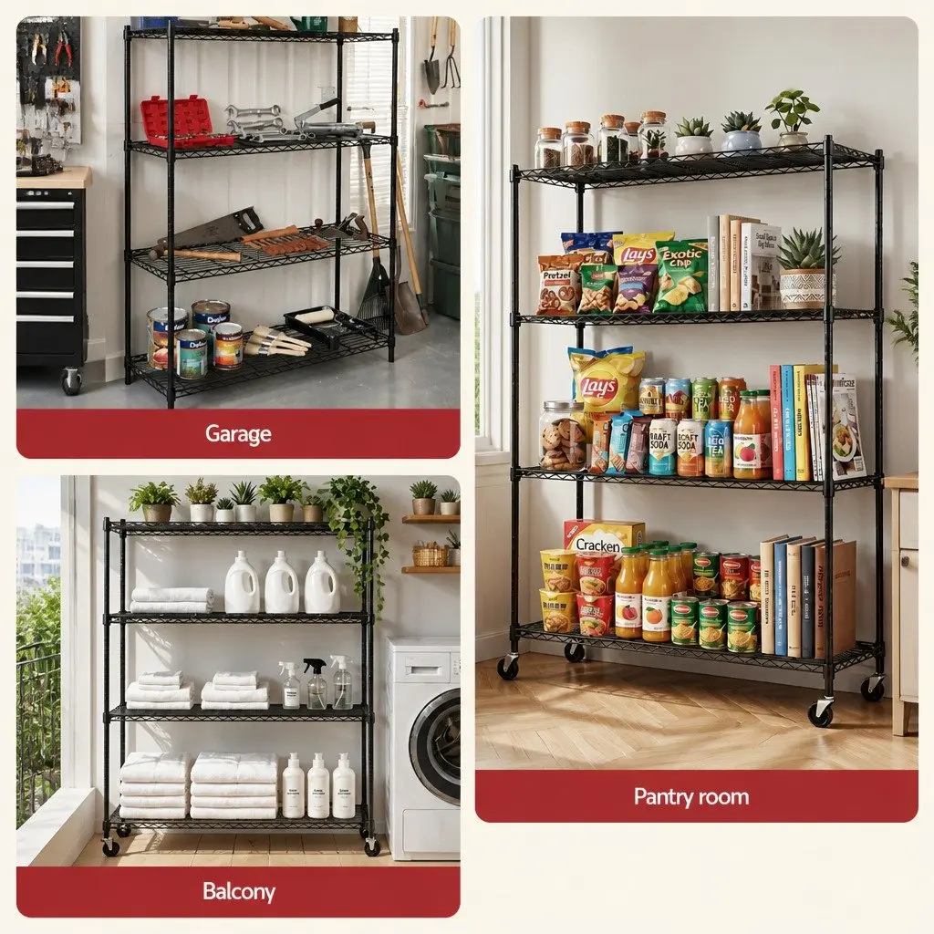 4-Tier Metal Kitchen Rack Shelf Adjustable Shelving with Wheels
