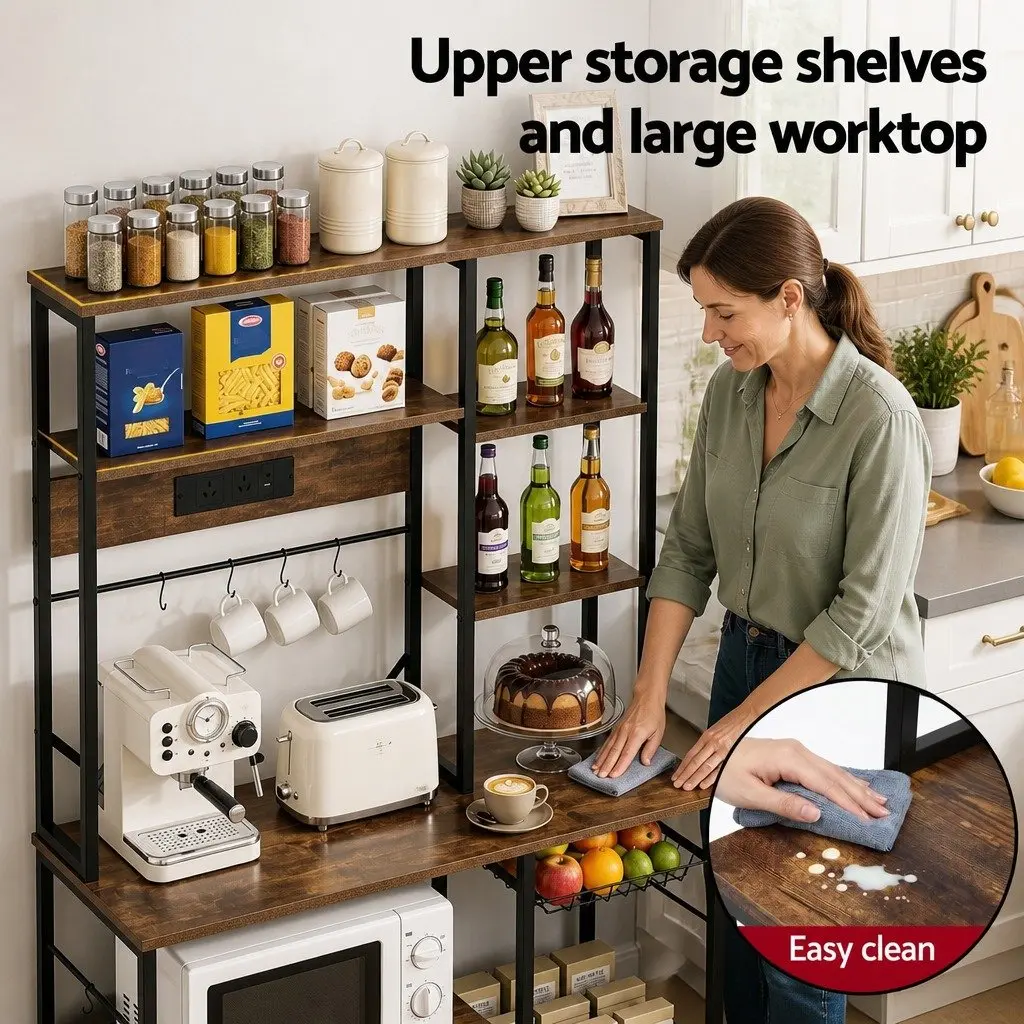 Kitchen Storage Rack 96CM x 170CM Multi-Tier with Power Outlets Hooks and Pull-Out Basket