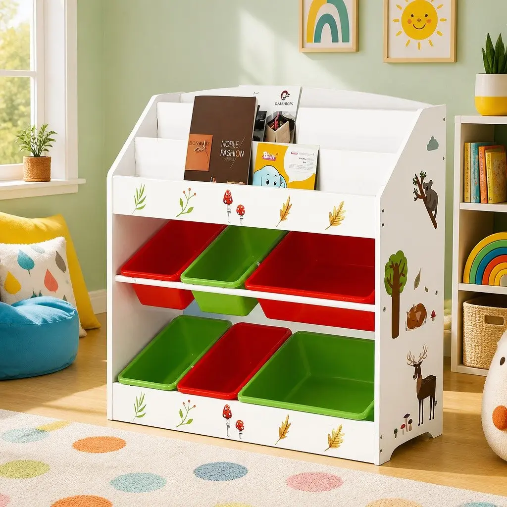 3 Tier Kids Bookshelf Storage Organizer with 6 Removable Plastic Boxes for Toys and Books Multicolour