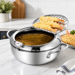 24cm Deep Frying Pan Stainless Steel Pot with Thermometer Draining Rack Cooktop