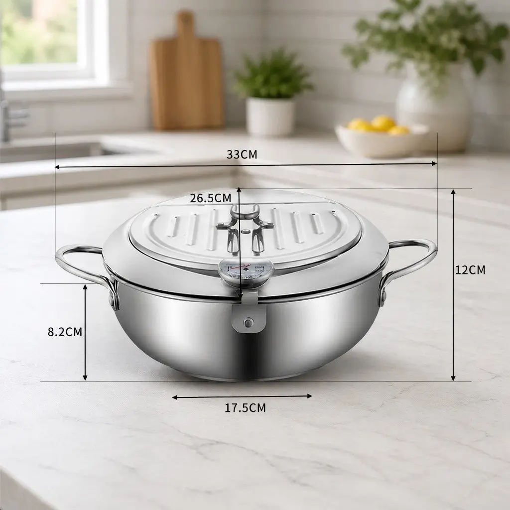 Deep Frying Pan 24cm Stainless Steel with Thermometer and Draining Rack