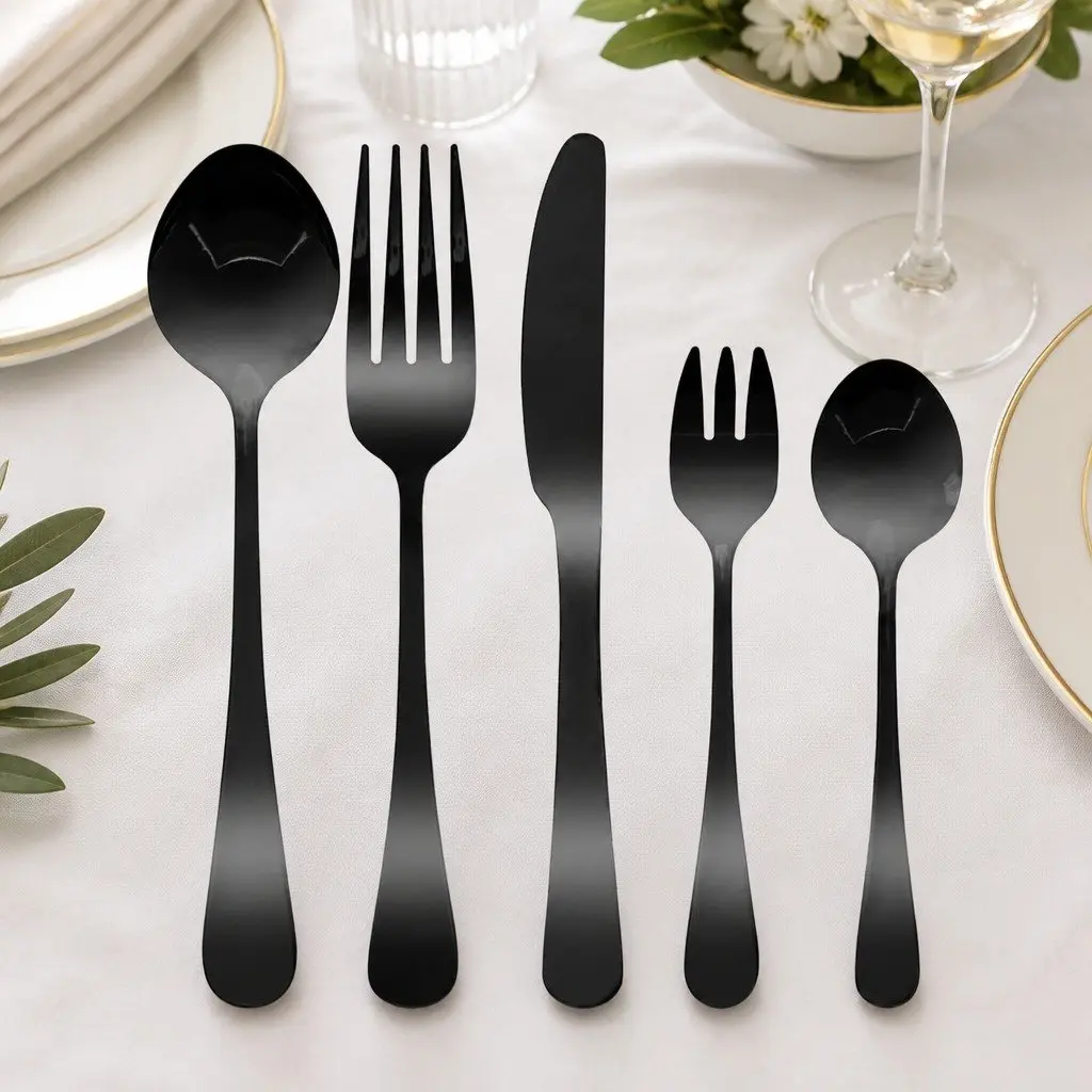 30 Piece Cutlery Set Stainless Steel Food Grade Black Mirror Polish Ergonomic Dining Utensils