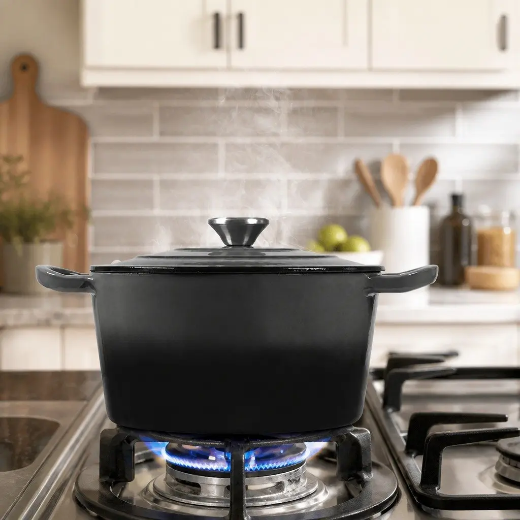 4L Cast Iron Dutch Oven Black Enamel Coating Non-Stick Interior Heat Retention
