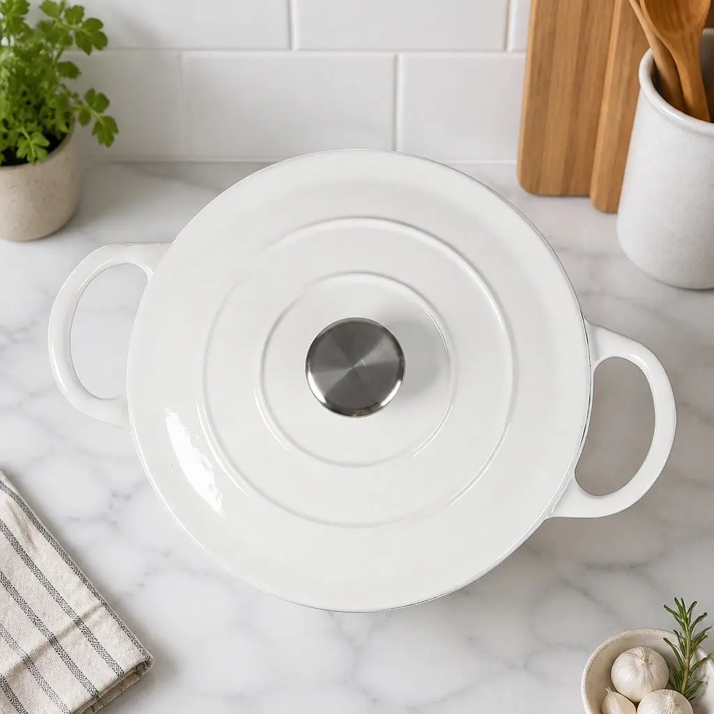 4L Cast Iron Dutch Oven Pot White Enamel Coating Heavy-Duty Cookware