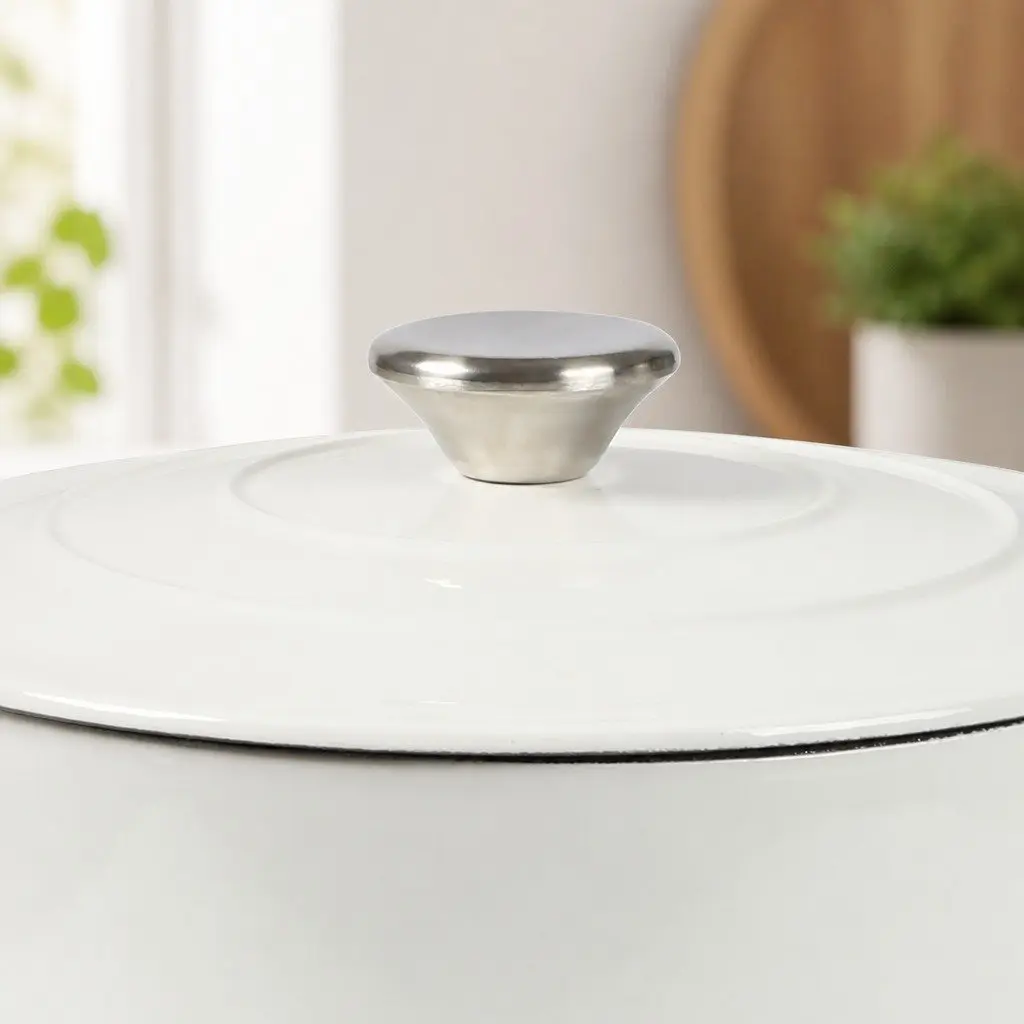 4L Cast Iron Dutch Oven Pot White Enamel Coating Heavy-Duty Cookware
