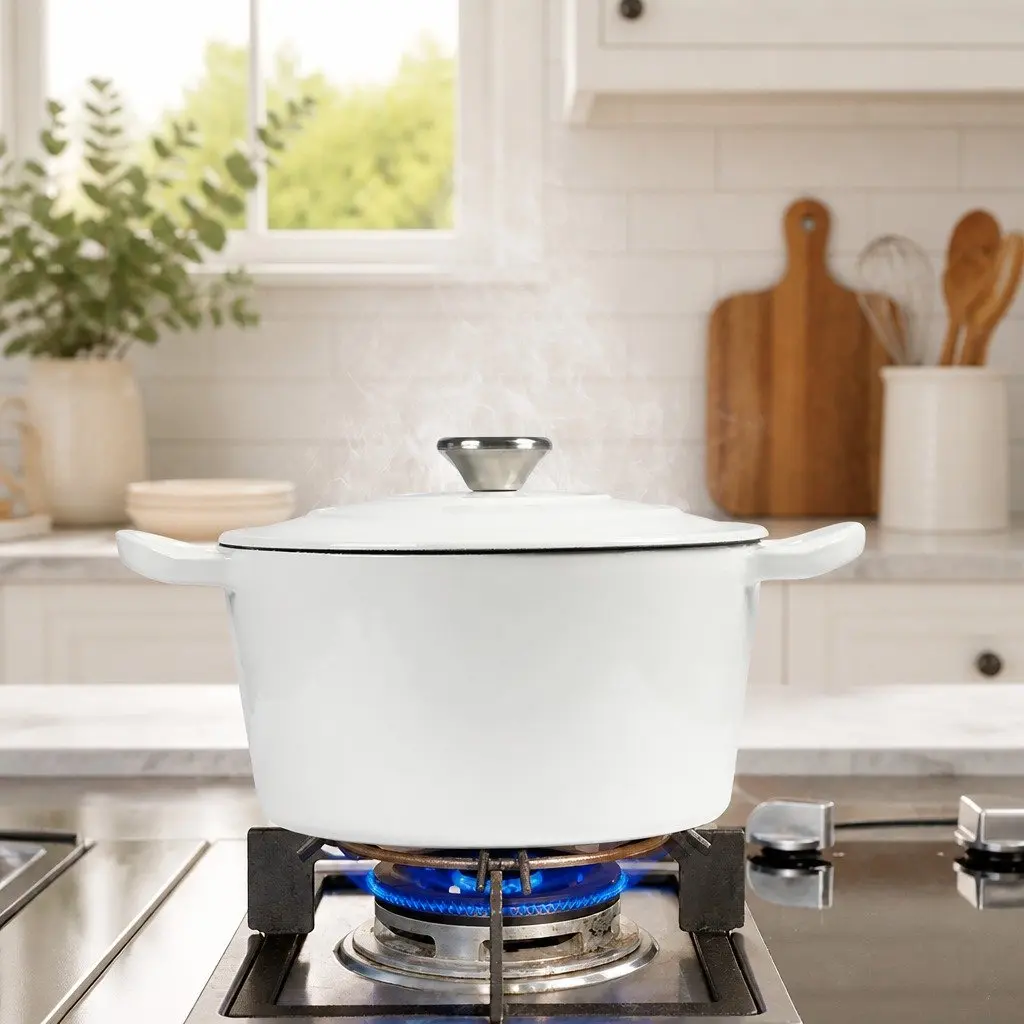 4L Cast Iron Dutch Oven Pot White Enamel Coating Heavy-Duty Cookware
