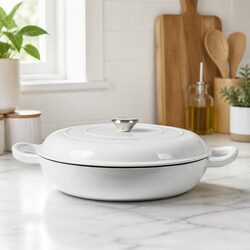 Cast Iron Dutch Oven 3.5L Enamel Shallow Pan White Stovetop Cookware Heat