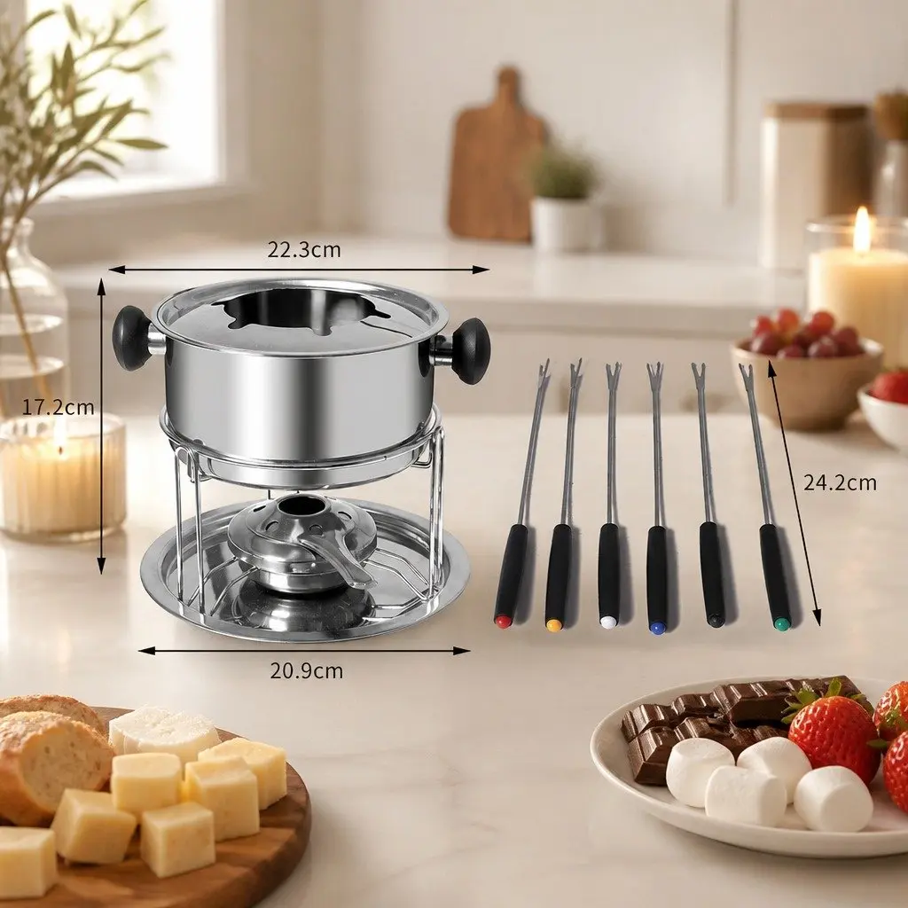 Fondue Set 12 Piece Stainless Steel Pot Burner Forks Adjustable Flame Temperature Control