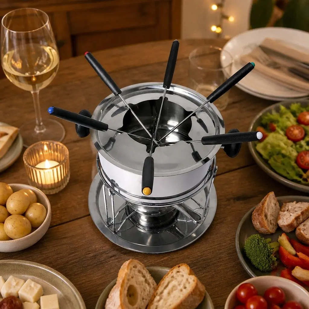 Fondue Set 12 Piece Stainless Steel Pot Burner Forks Adjustable Flame Temperature Control