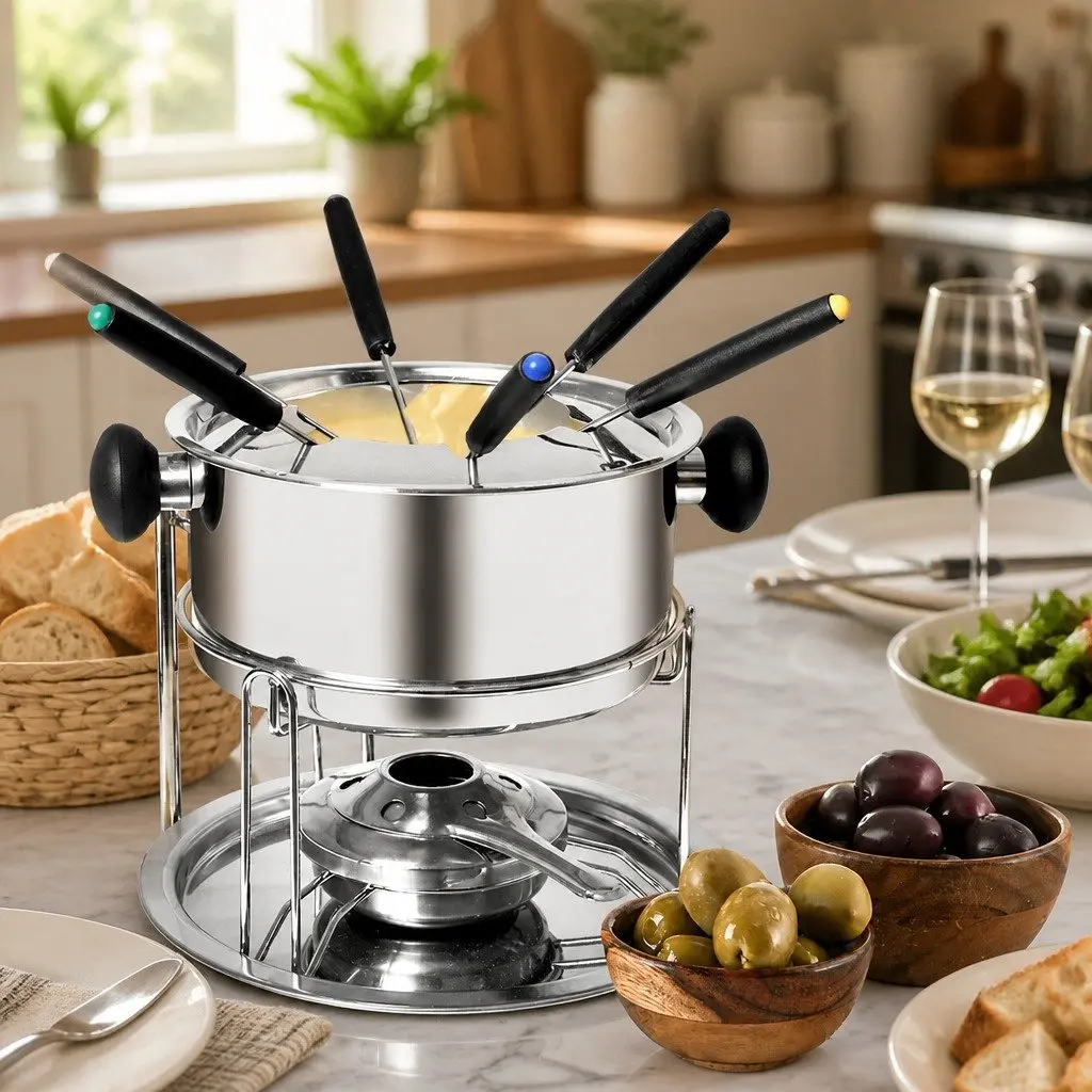 Fondue Set 12 Piece Stainless Steel Pot Burner Forks Adjustable Flame Temperature Control