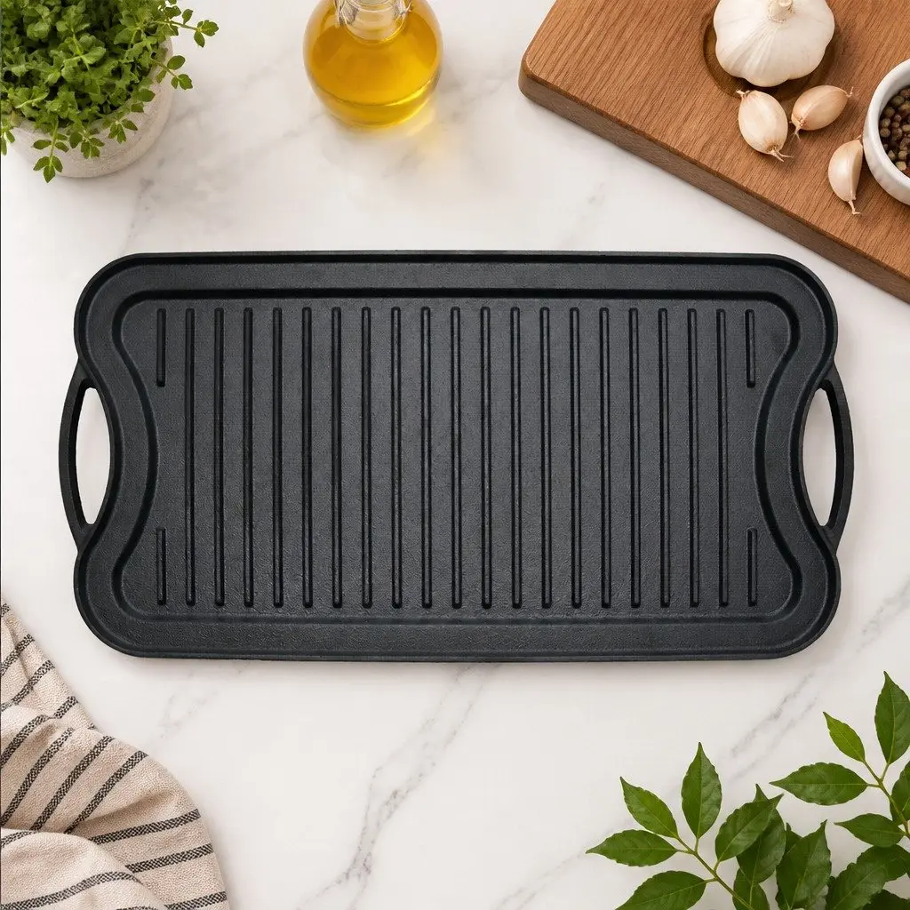 Cast Iron Griddle Pan 50.5cm Reversible Dual-Sided Non-Stick Frying Skillet