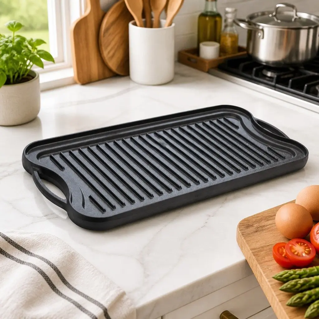 Cast Iron Griddle Pan 50.5cm Reversible Dual-Sided Non-Stick Frying Skillet