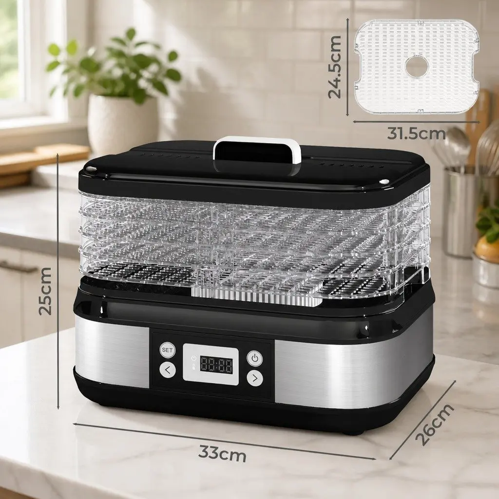 5 Tray Food Dehydrator Stainless Steel Digital LED Controls Hot Air Dryer