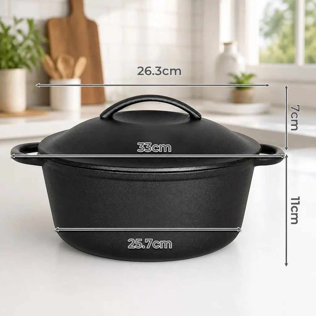 Cast Iron Dutch Oven 6.6L Heavy Duty Casserole Pot for Home and Camp Cooking