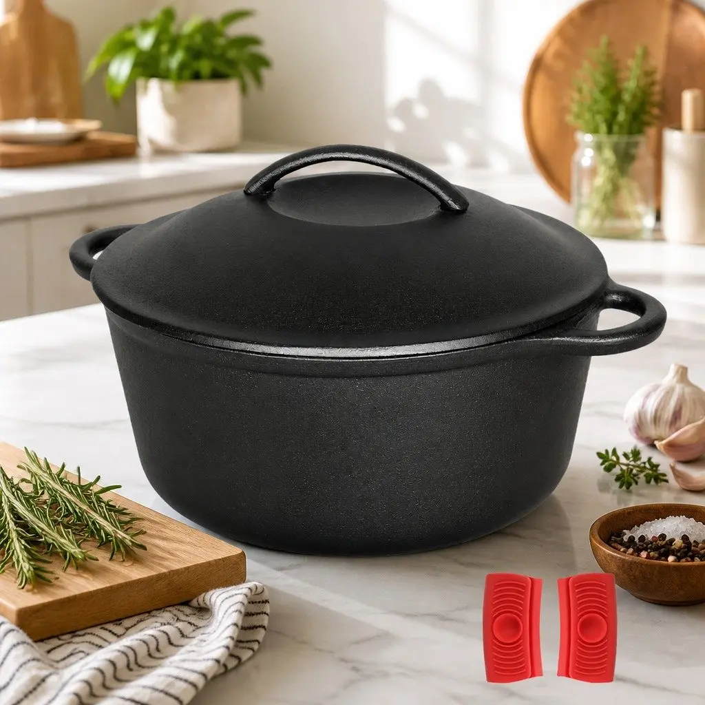 Cast Iron Dutch Oven 6.6L Heavy Duty Casserole Pot for Home and Camp Cooking
