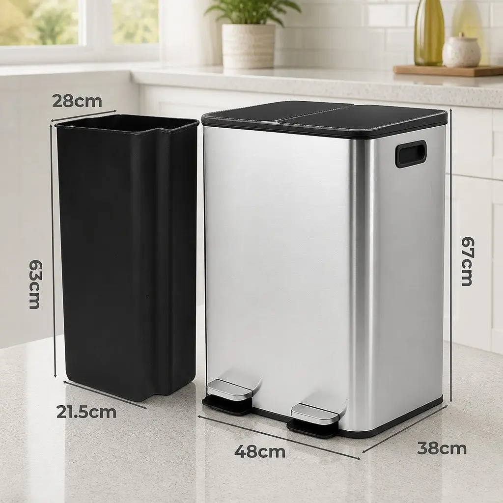 Dual Compartment Pedal Bin 60L Stainless Steel Kitchen Trash Can with Removable Bins and Soft Close Lid