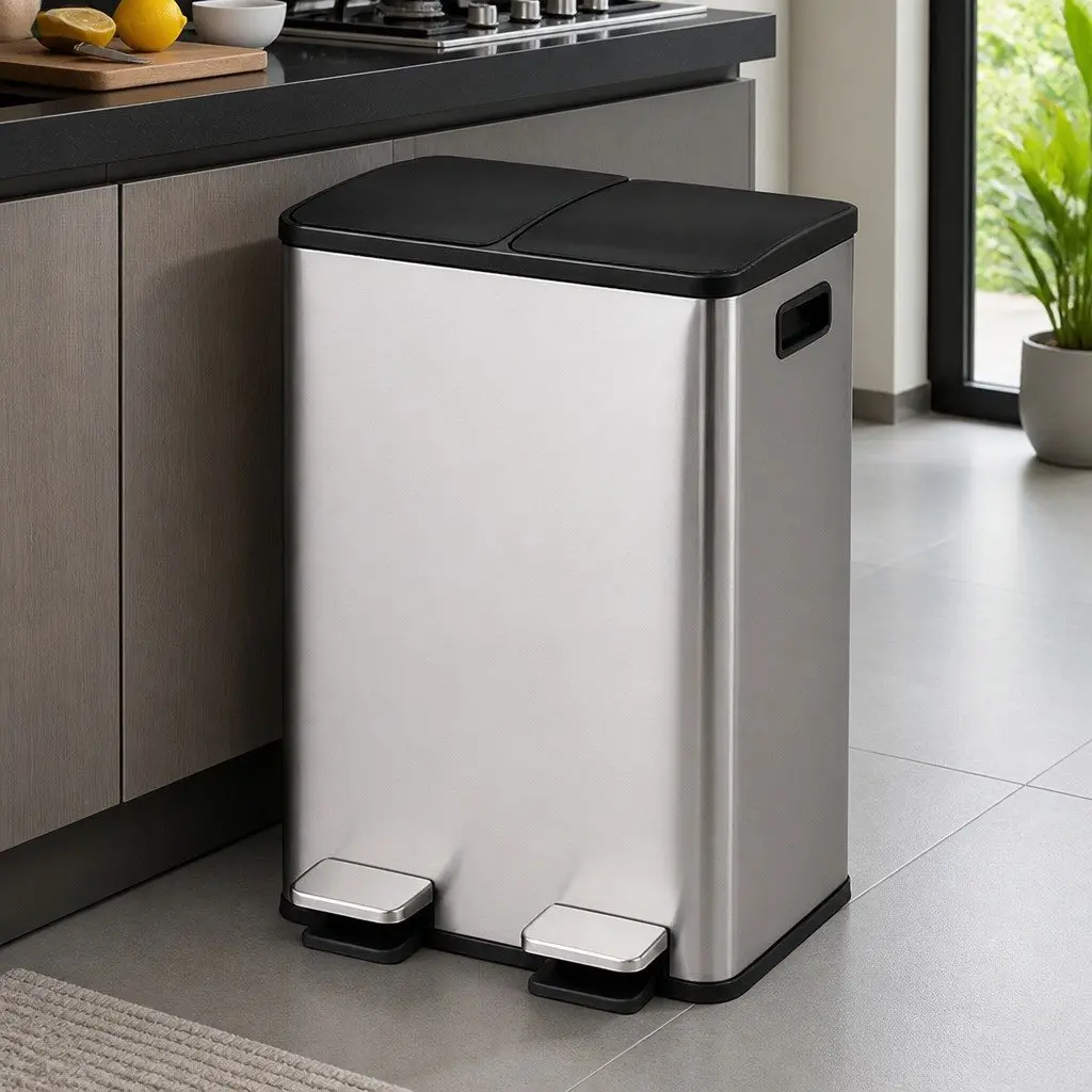 Dual Compartment Pedal Bin 60L Stainless Steel Kitchen Trash Can with Removable Bins and Soft Close Lid