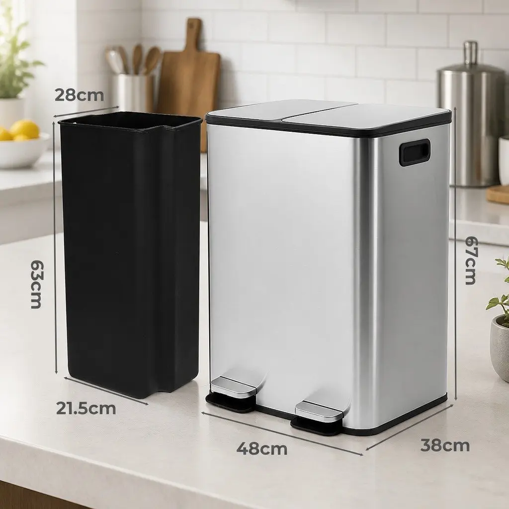 Dual Compartment 60L Pedal Bin Stainless Steel Kitchen Waste Recycling with Soft Close Lids and Independent Foot Pedals