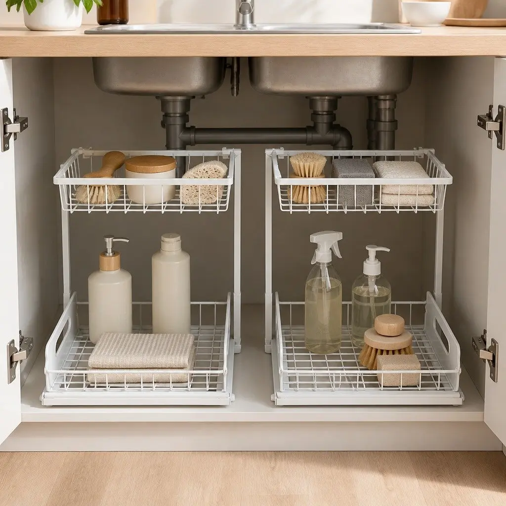 Under Sink Storage Rack 2-Tier Sliding Cabinet Organiser Kitchen Bathroom