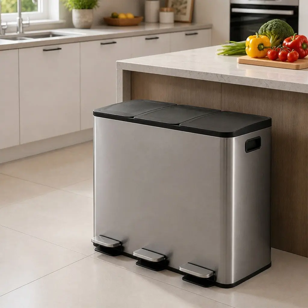 3 Compartment Pedal Rubbish Bin 54L Hands-Free Waste Sorting Recycling