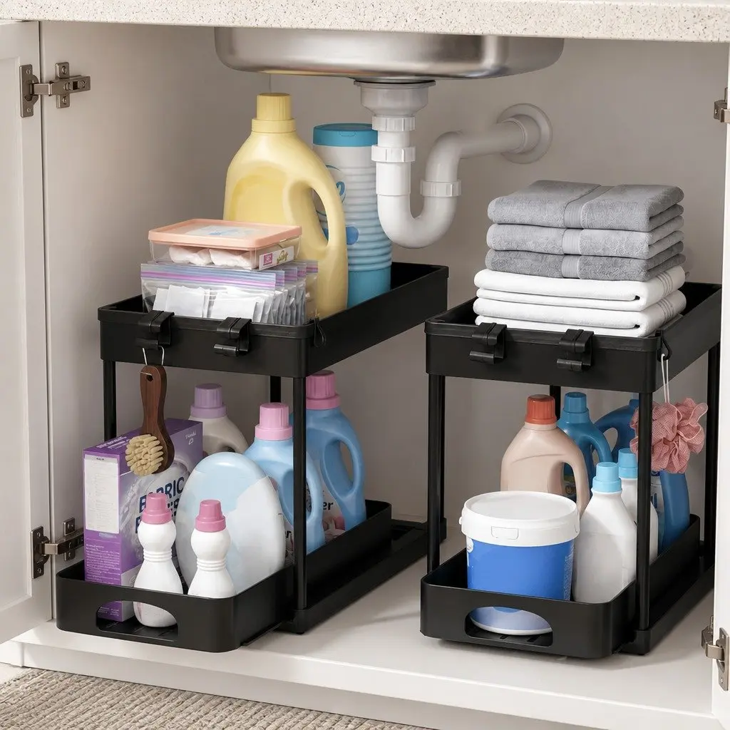 Under Sink Organizer 2 Tier Storage Rack Pull Out Drawer Drainage Black
