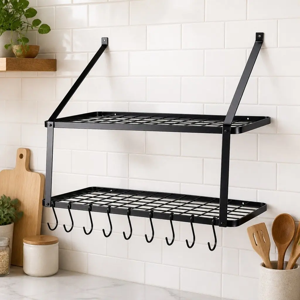 Wall Mounted Pot Pan Rack with Mesh Shelf 10 Hooks Space Saving Kitchen Storage Organizer
