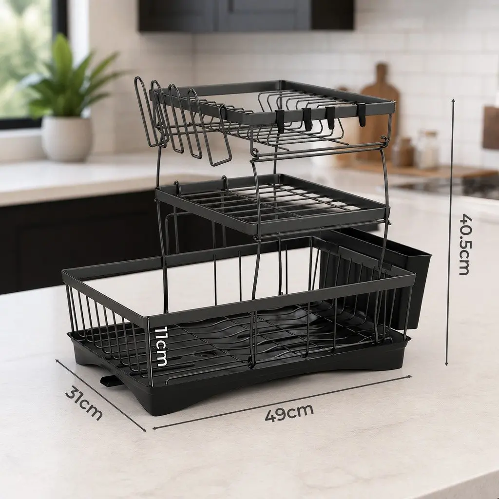 3 Tier Dish Drying Rack Compact Stainless Steel Frame with Cutlery Holder Cup Holder and Integrated Drainboard