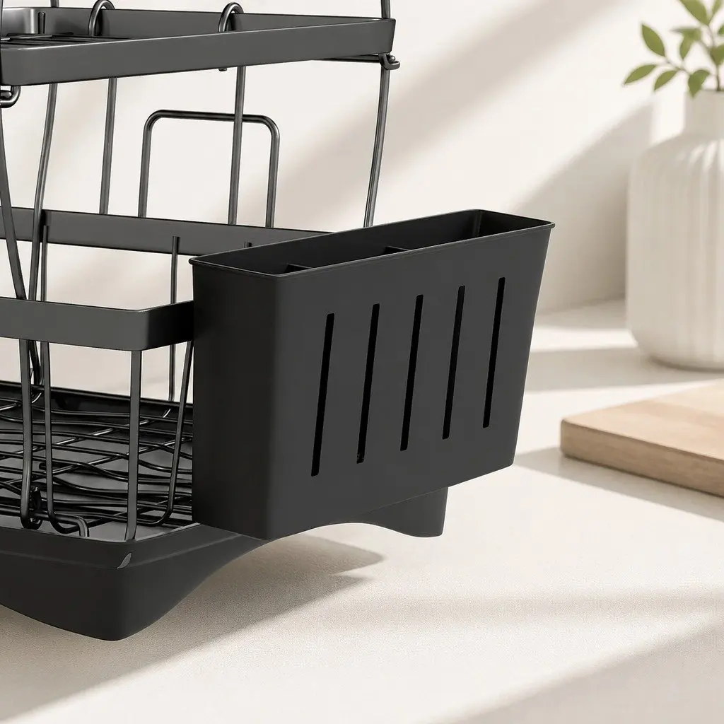 3 Tier Dish Drying Rack Compact Stainless Steel Frame with Cutlery Holder Cup Holder and Integrated Drainboard