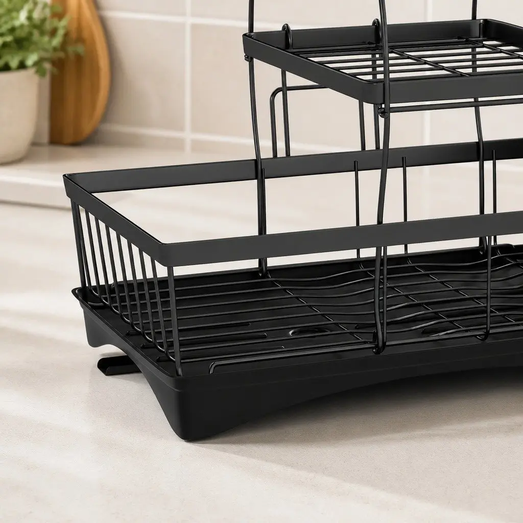 3 Tier Dish Drying Rack Compact Stainless Steel Frame with Cutlery Holder Cup Holder and Integrated Drainboard