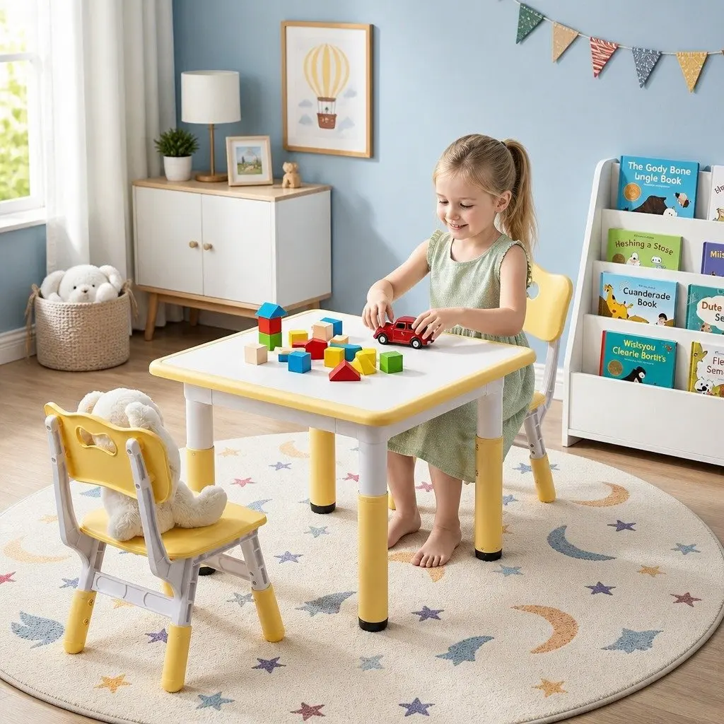 Kids Table and Chairs Set Height Adjustable Draw-on Surface for Ages 3-8