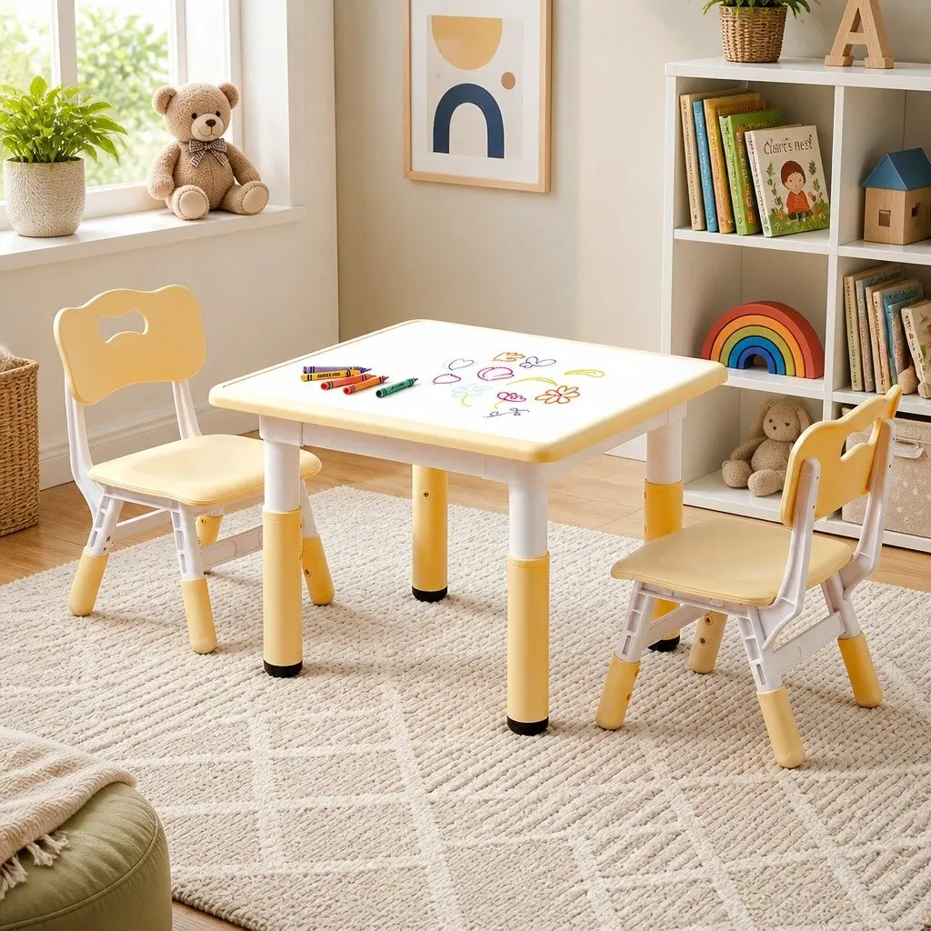 Kids Table and Chairs Set Height Adjustable Draw-on Surface for Ages 3-8