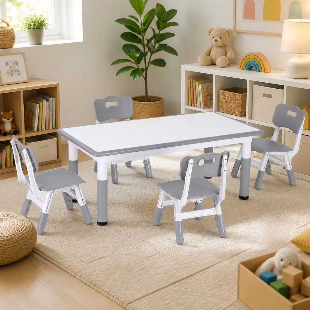 Kids Table and 4 Chairs Set Height Adjustable Activity Desk Draw-on Tabletop