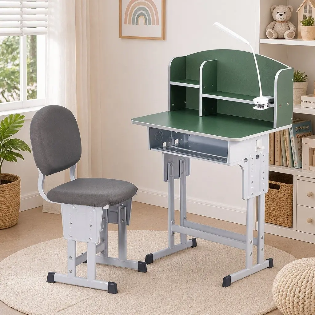 Kids Study Desk Chair Set Height Adjustable Ergonomic with LED Lamp Green