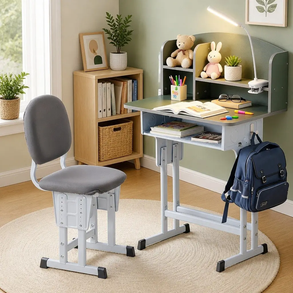 Kids Study Desk Chair Set Height Adjustable Ergonomic with LED Lamp Green
