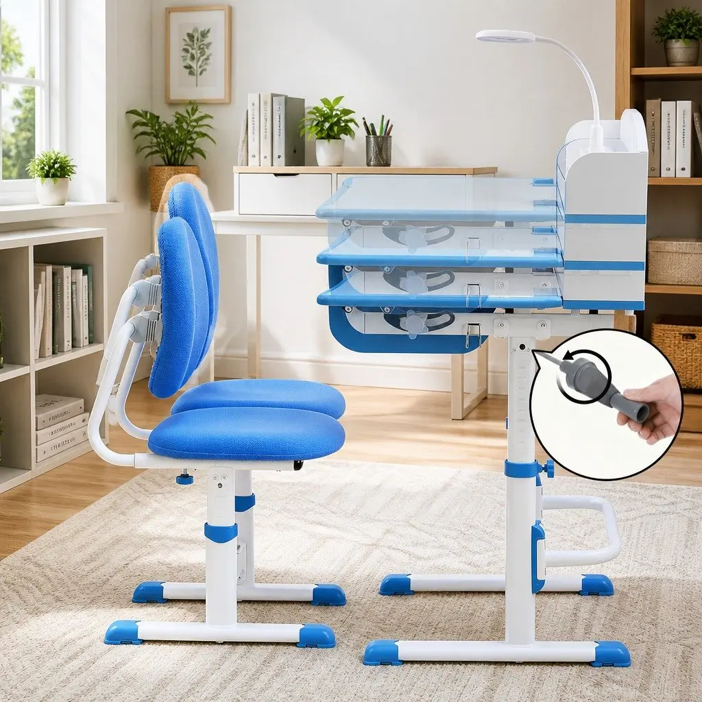 Kids Study Desk Chair Set Height Adjustable Ergonomic Table LED Lamp Blue