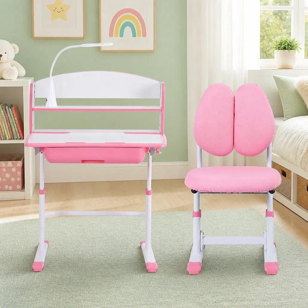 Kids Study Desk Chair Set Height Adjustable LED Lamp Ergonomic Pink