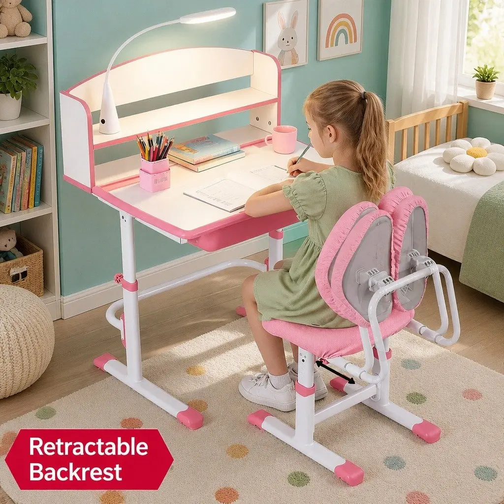 Kids Study Desk Chair Set Height Adjustable LED Lamp Ergonomic Pink