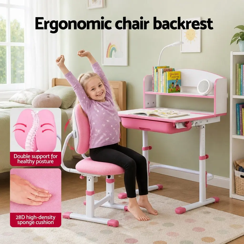 Kids Study Desk Chair Set Height Adjustable LED Lamp Ergonomic Pink