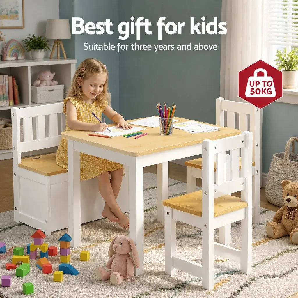 Kids Activity Table and Chair Set 4-Piece with Storage Bench Toddler Furniture