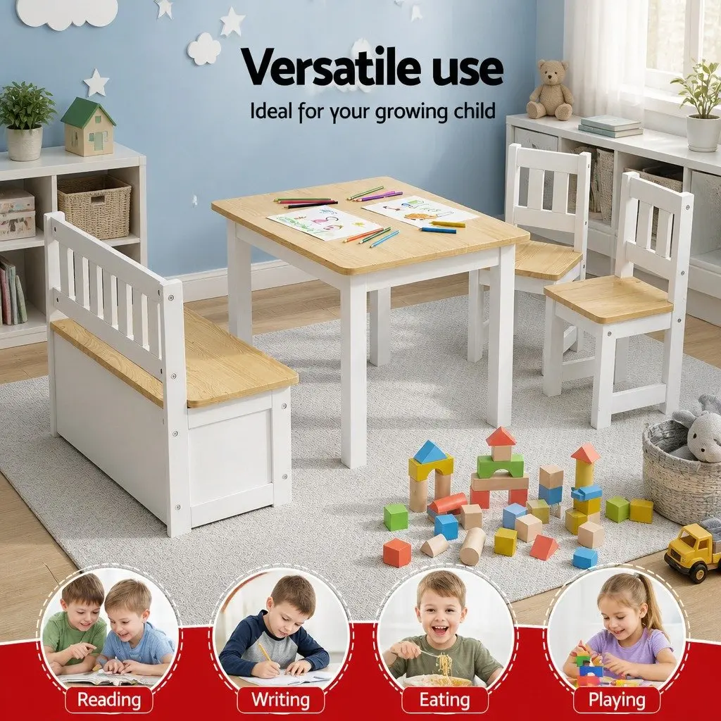 Kids Activity Table and Chair Set 4-Piece with Storage Bench Toddler Furniture
