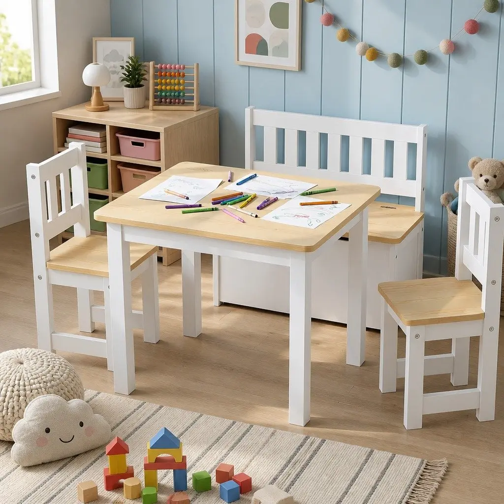 Kids Activity Table and Chair Set 4-Piece with Storage Bench Toddler Furniture
