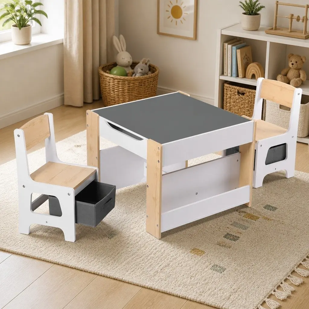 Kids Table and Chair Set 4 in 1 Wooden Activity Desk with Reversible Blackboard and Whiteboard