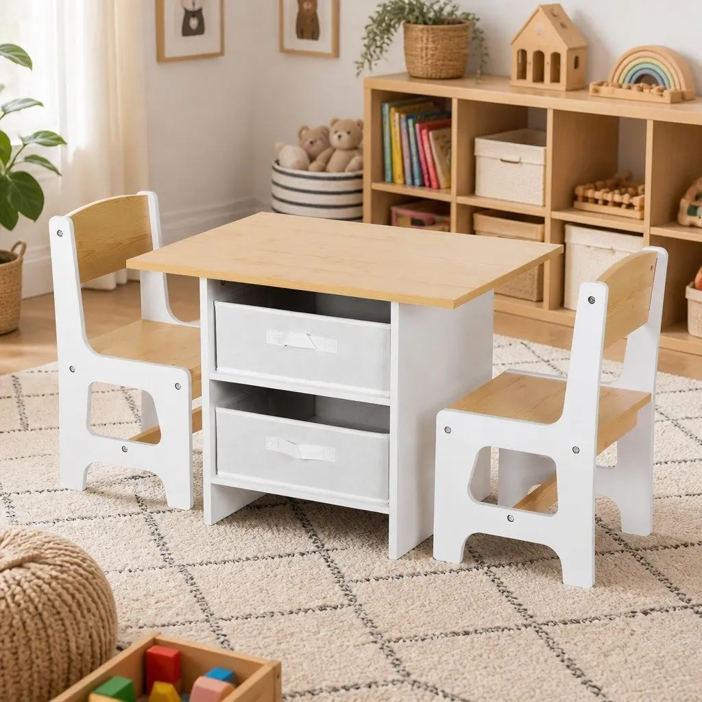 Kids Table and 2 Chairs Set Activity Desk with Storage Drawers for Creative Play