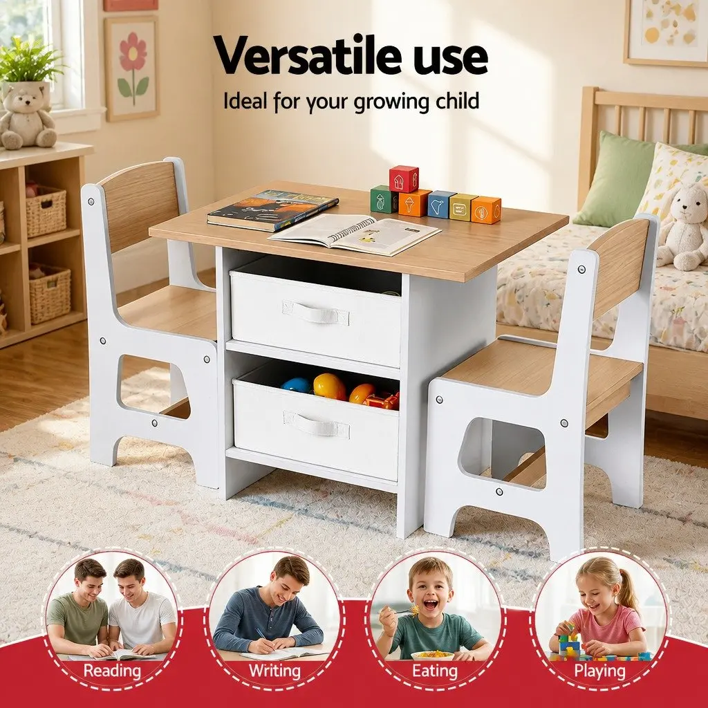 Kids Table and 2 Chairs Set Activity Desk with Storage Drawers for Creative Play