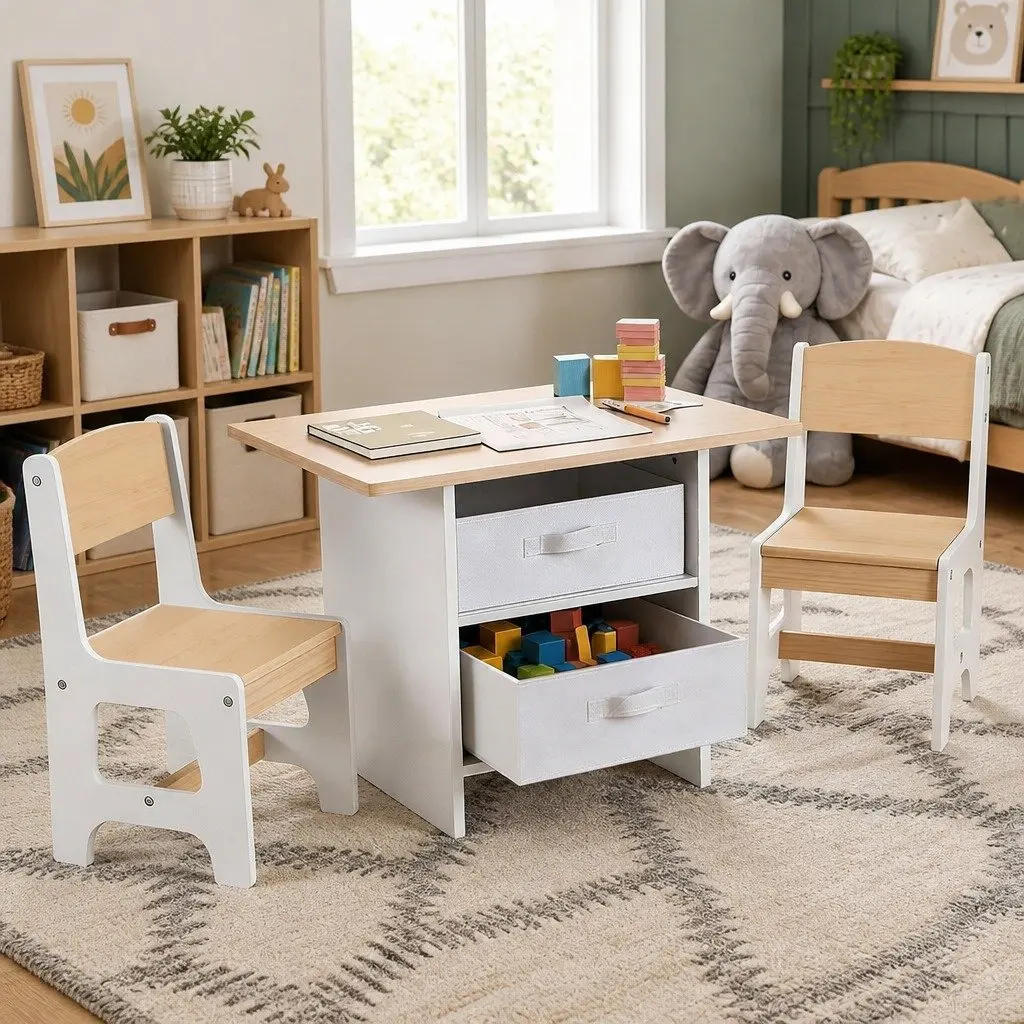 Kids Table and 2 Chairs Set Activity Desk with Storage Drawers for Creative Play