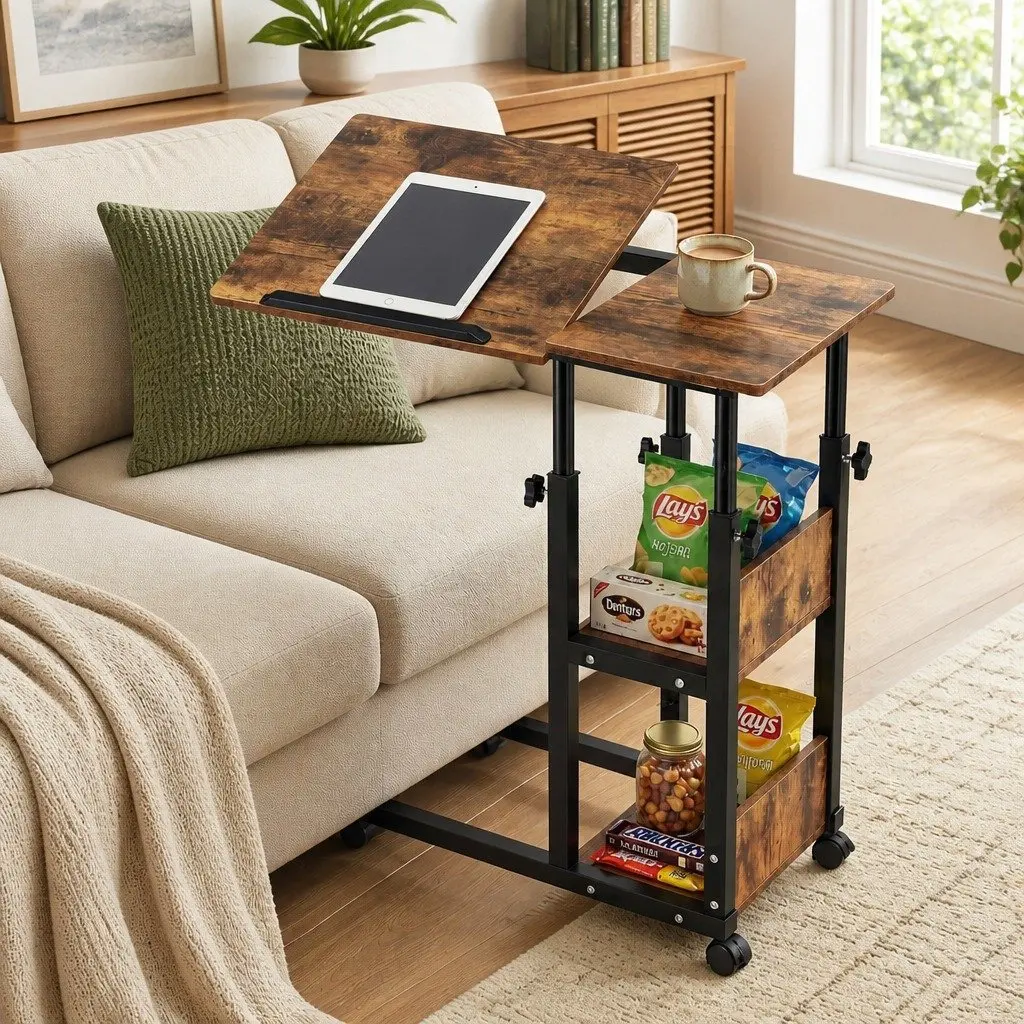 Adjustable Laptop Desk 3 Tier Mobile Side Table Tiltable Wheels Home Office