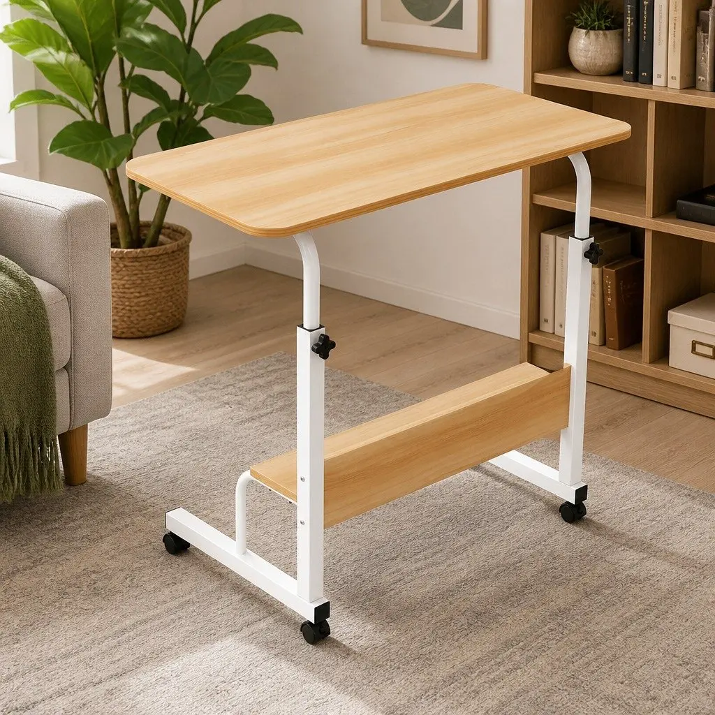 Height Adjustable Portable Laptop Desk with Caster Wheels and Open Storage Shelf for Flexible Workstation Use